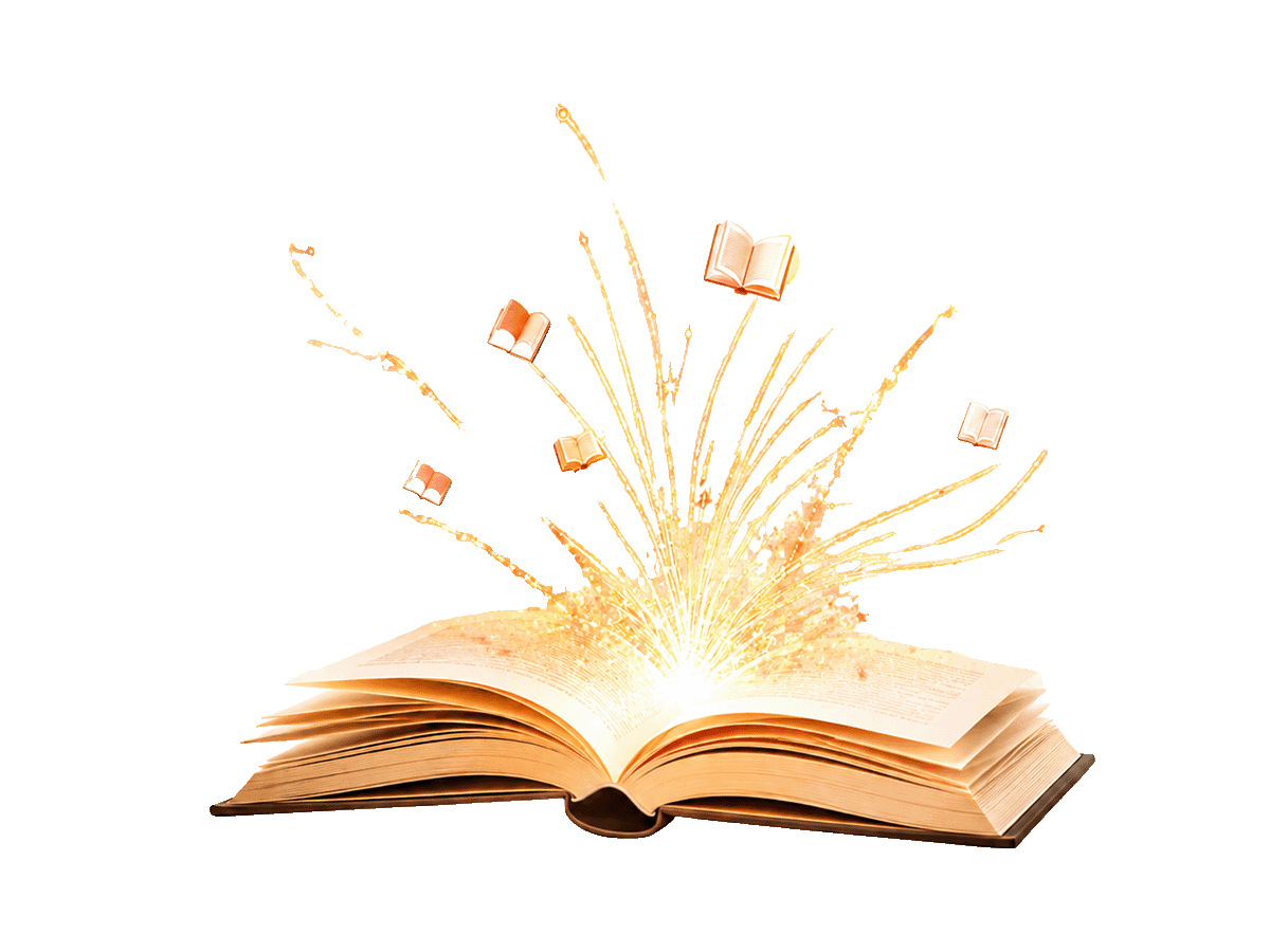 An open book with golden sparks bursting from its pages